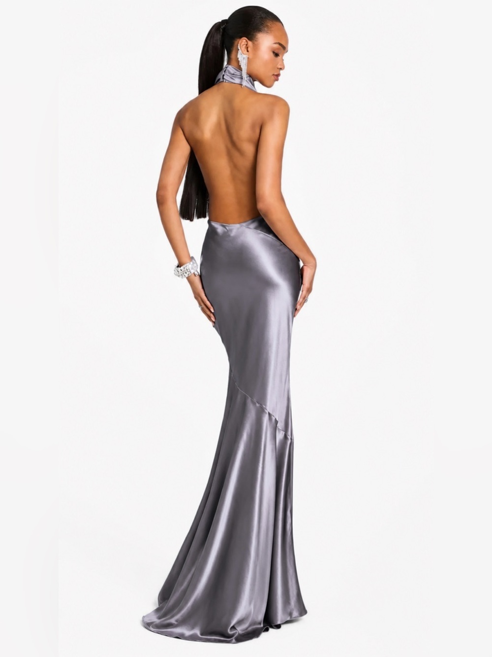 Retrofête Luneth Metallic Gray Halter Satin Gown Size S NWOT
